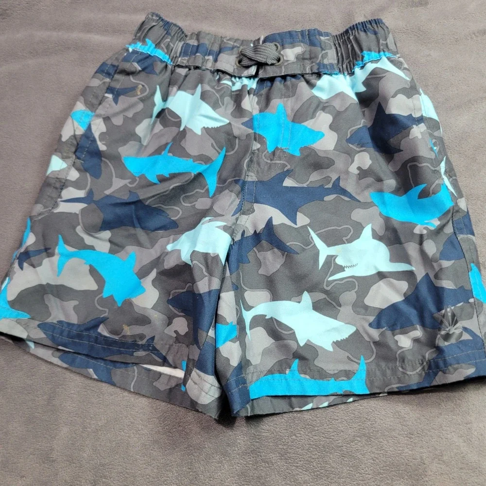 O'Rageous Boys XXS‎ Shark Camo Swim Trunks Blue Grey Elastic Waist Mesh Lined
